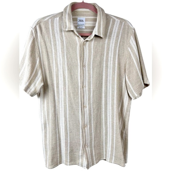 Zara Beige and White Striped Casual Button Down Shirt - Picture 1 of 8
